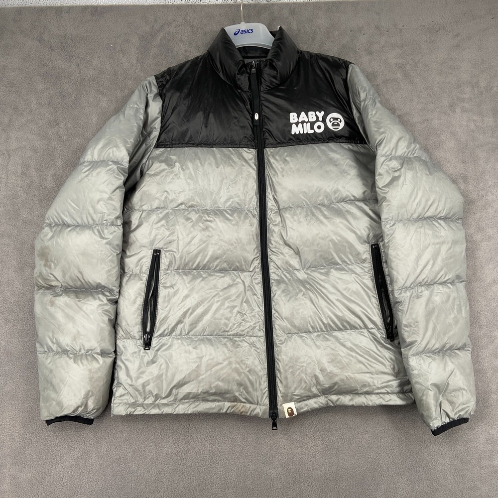 Vintage A Bathing Ape Baby Milo Puffer Jacket Mens Medium Silver Black Full Zip